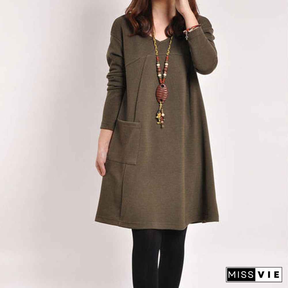 Women Autumn Long Sleeve Pocket Loose Maternity Swing Dress Casual Cotton V-neck Pregnancy Dress