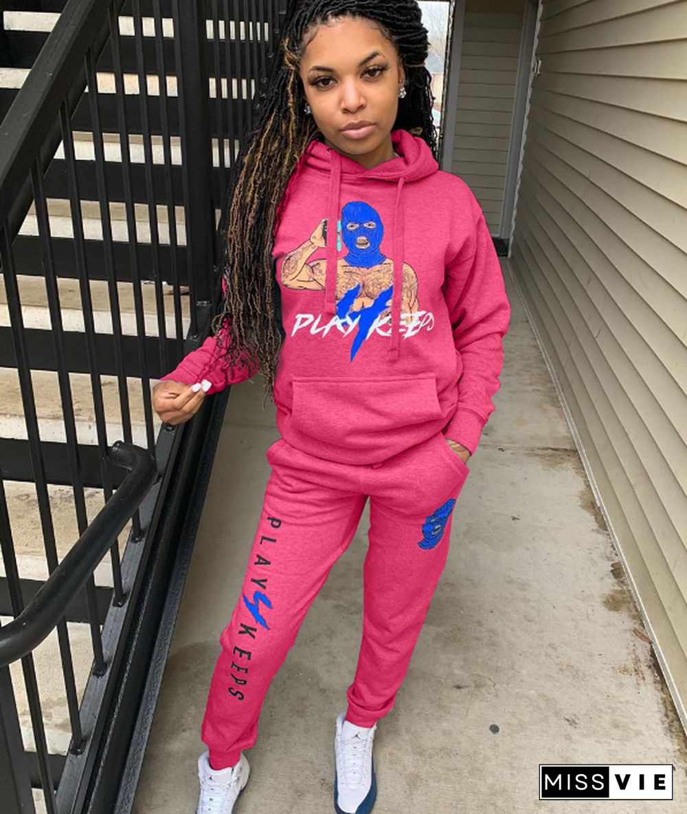 Winter Cute Offset Cartoon Letters Hoodie Pants Tracksuit