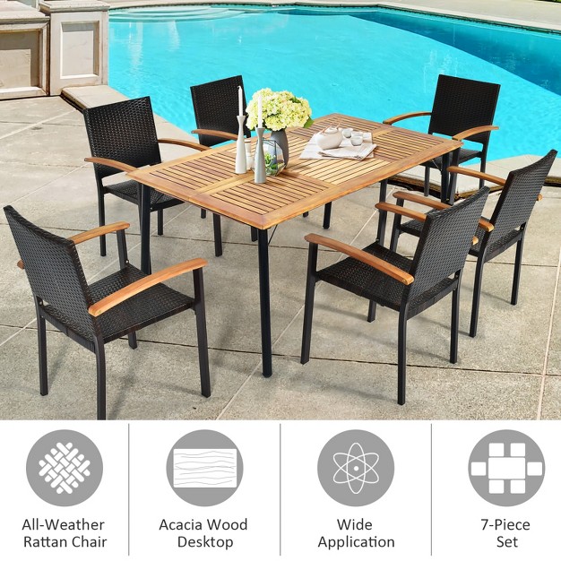 Tangkula 7 Pcs Patio Rattan Dining Furniture Set Armrest Chairs Wooden Table