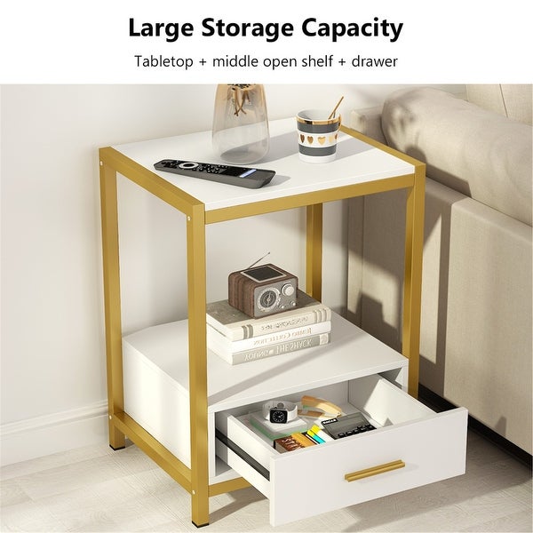 White and Gold Nightstand with Drawer and Storage Shelves