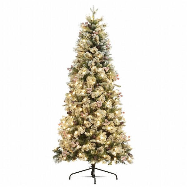 6.5Ft PreLit Flocked Artificial Christmas Tree with Berries and Pine Cones