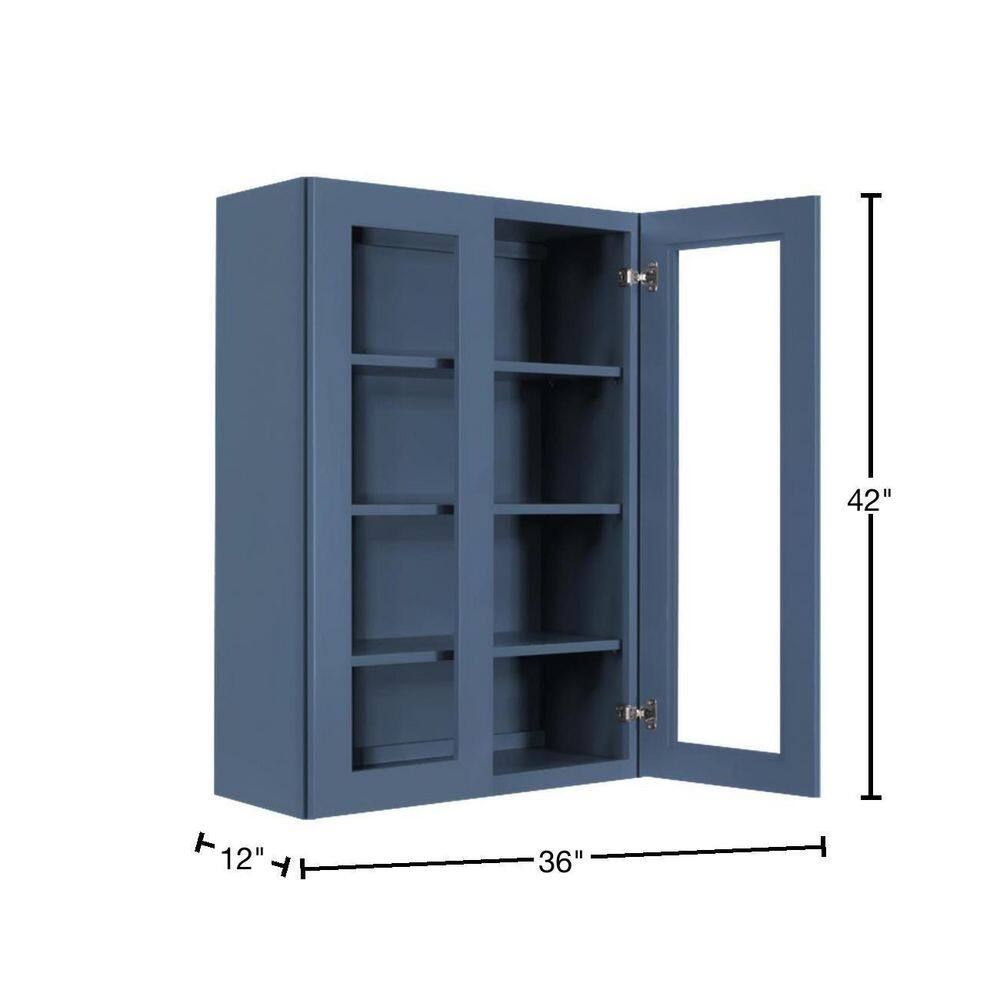 LIFEART CABINETRY Lancaster Blue Plywood Shaker Stock Assembled Wall Glass-Door Kitchen Cabinet 36 in. W x 12 in. D x 42 in. H ALB-WMD3642