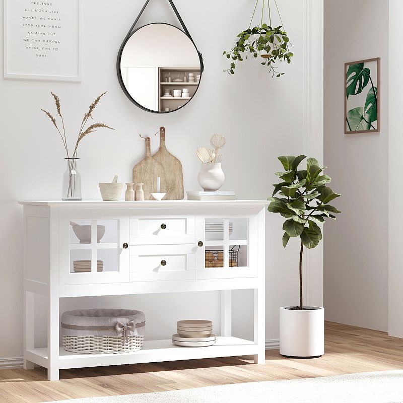 HOMCOM Kitchen Sideboard Serving Buffet Cabinet Cupboard Console Table with Adjustable Shelves Glass Doors and 2 Drawers for Living Room White