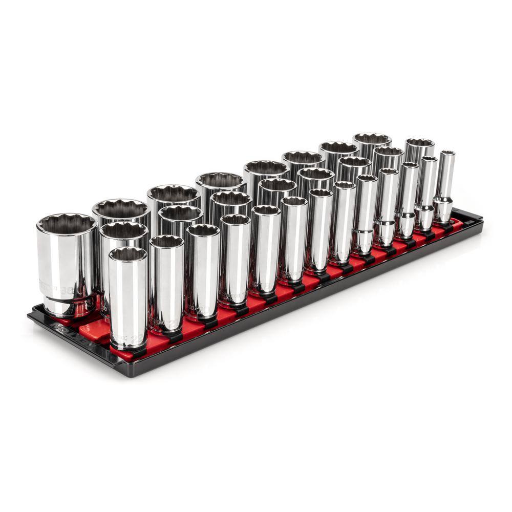 TEKTON 12 in. Drive Deep 12-Point Socket Set with Rails (10-38 mm) (29-Piece) SHD92129