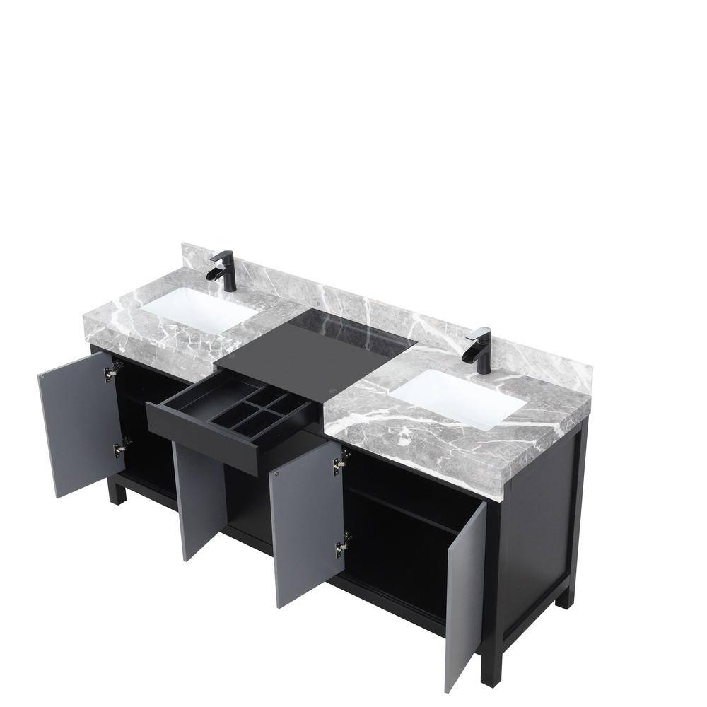 Lexora Zilara 72 in W x 22 in D Black and Grey Double Bath Vanity Castle Grey Marble Top and Matte Black Faucet Set LZ342272DLISFCM