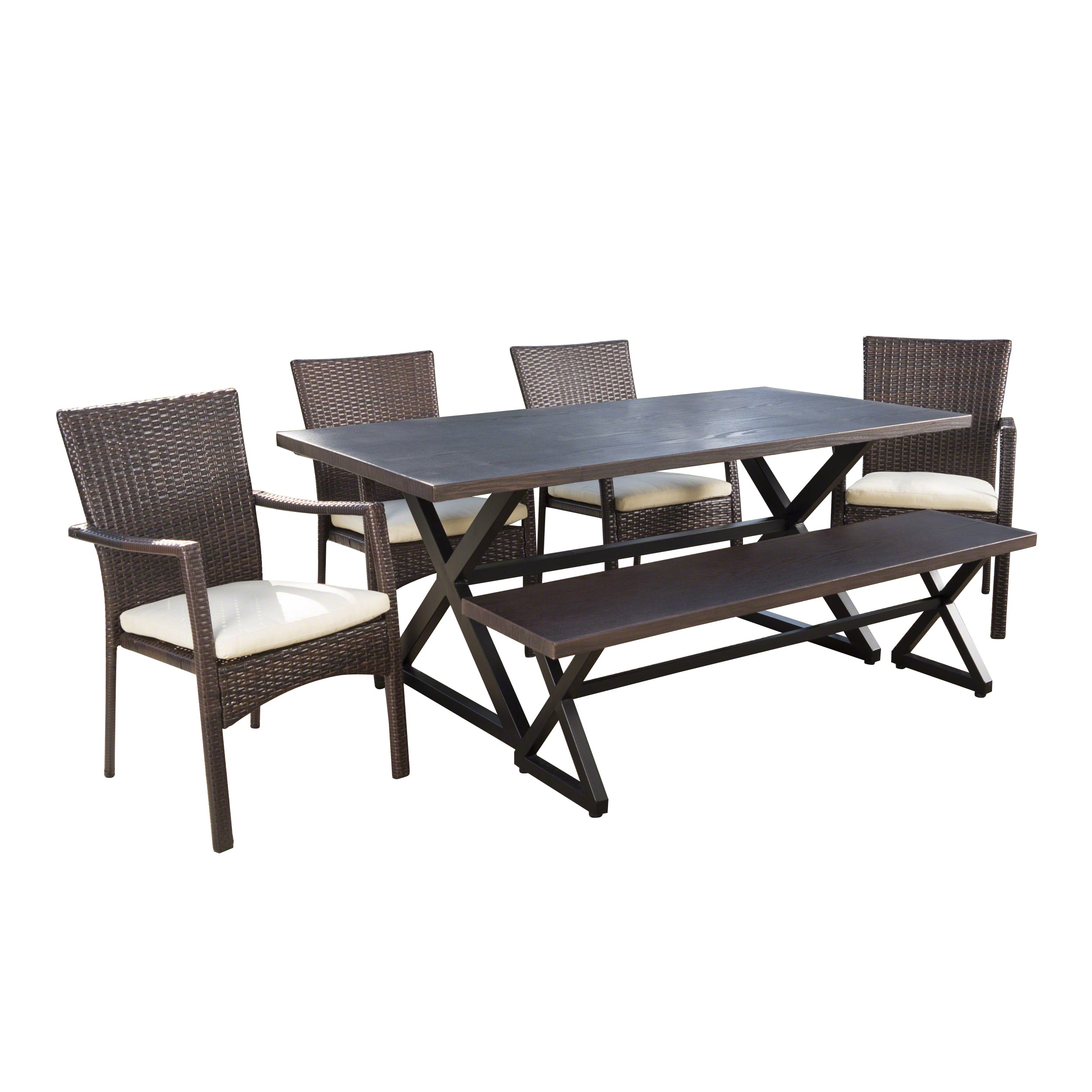 Tripoli Outdoor 6 Piece Aluminum Dining Set with Bench and Wicker Dining Chairs