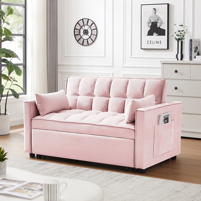 3 in 1 Convertible Sleeper Sofa Bed Modern Velvet Loveseat Futon Couch w/Pullout Bed Pink