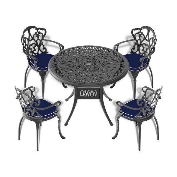 Outdoor Cast Aluminum Patio Round Dining Table with Black Frame and Umbrella Hole