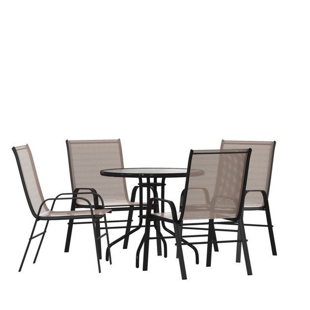 Emma And Oliver Five Piece Patio Table Set With Round Metal Table With Tempered Glass Top And 4 Flex Comfort Stacking Chairs