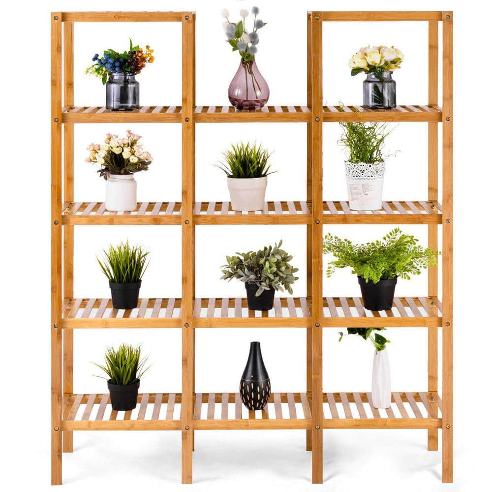 Costway 45.5 in. L x 12.5 in. W x 55.5 in. H Shelves Indoor/Outdoor Yellow Plant Stand 5-Tier Multi-Functional HW57411