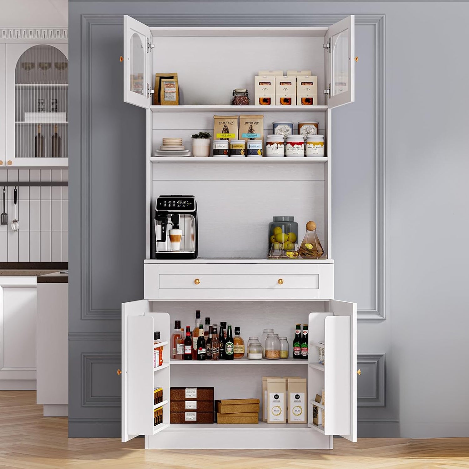 71 Inch Kitchen Pantry Cabinet, Storage Cabinet with Microwave Shelf, Suitable for Dining Room