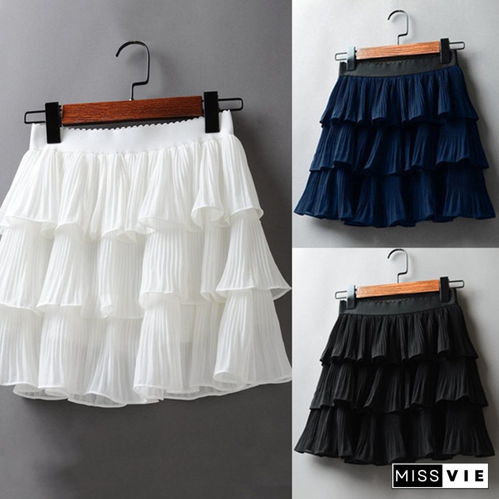 Summer Women Elasticity Waist Mini Skirt Ladies Chiffon Skirt Ladies Casual Cake Skirts Pleated Skirts-G140