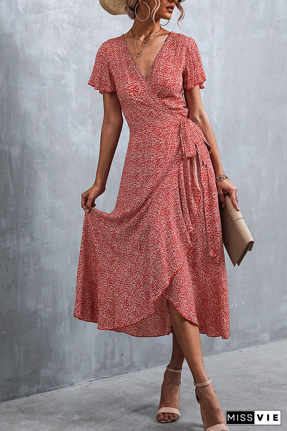 Floral Print V Neck Short Sleeve Dress Wholesale