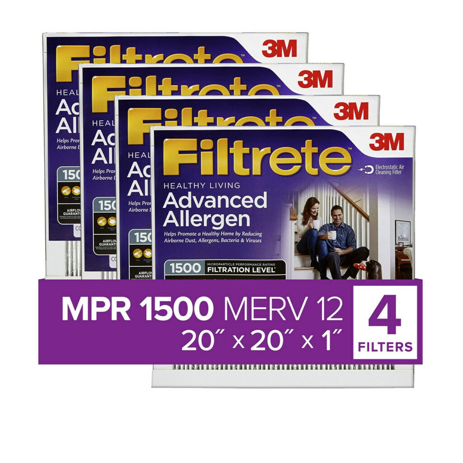 Filtrete by 3M 20x20x1， MERV 12， Advanced Allergen Reduction HVAC Furnace Air Filter， 1500 MPR， 4 Filters