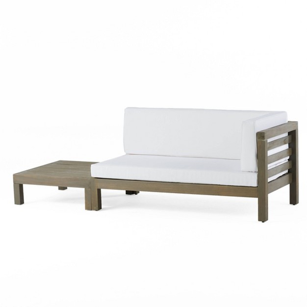 2pk Oana Outdoor Acacia Wood Right Arm Loveseat amp Coffee Table With Cushion Gray white Christopher Knight Home