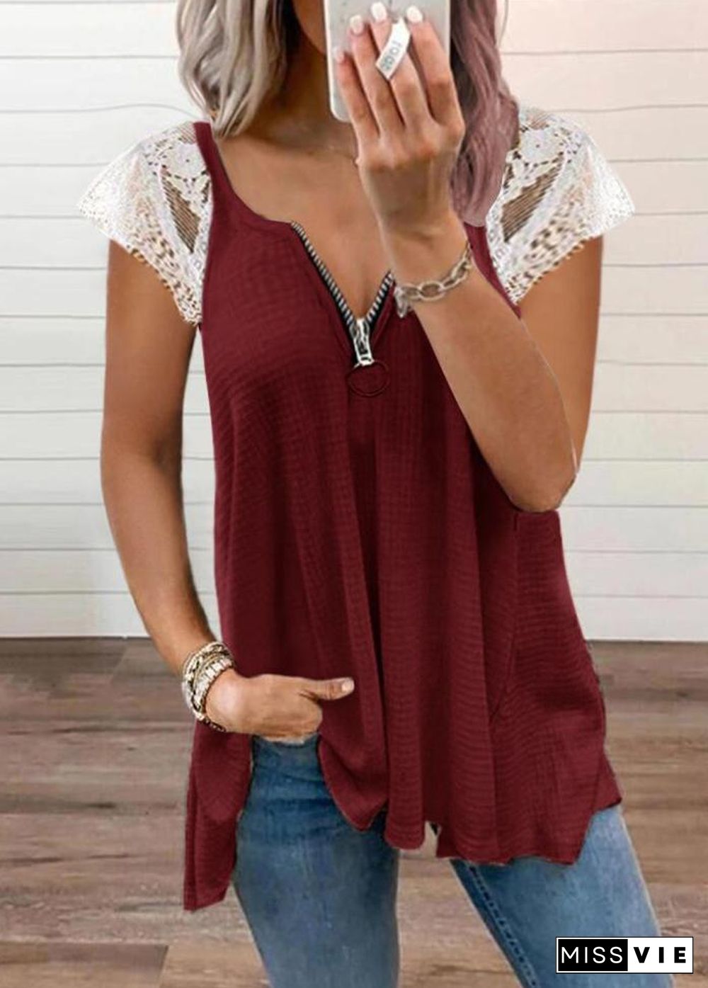 Patchwork Zipper V Neck Short Sleeve T-Shirt