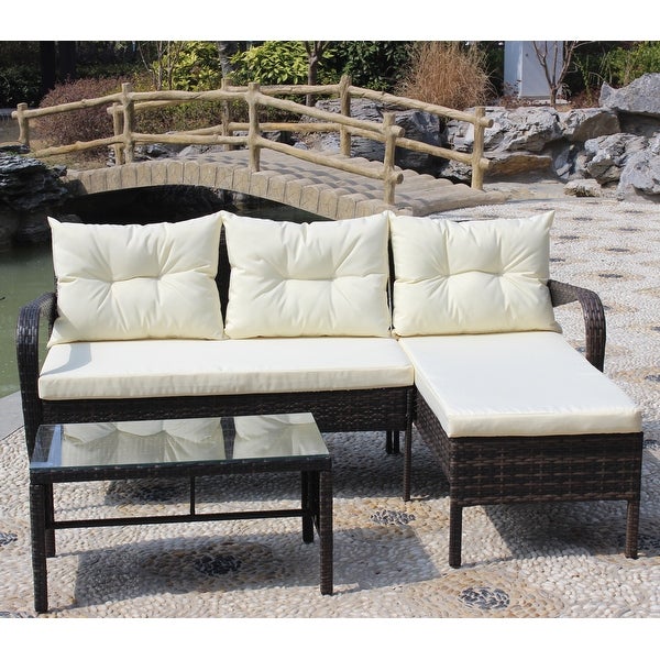 3-Pieces Outdoor Patio Furniture Sets for 3-4， Wicker Rattan Sectional Conversation Set with 2 Seat Cushions and 3 Back Cushions - Overstock - 37426701