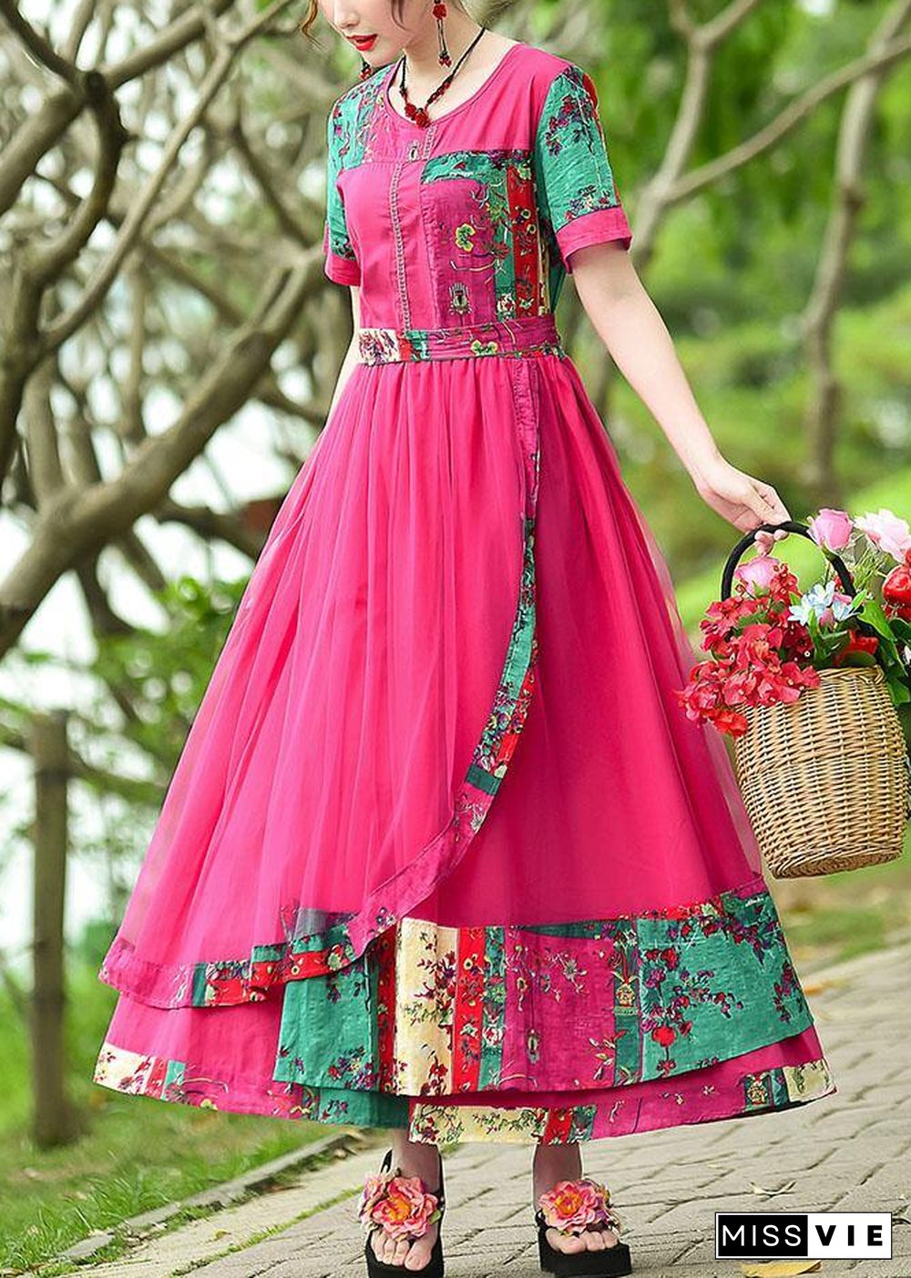 French rose print cotton quilting clothes o neck patchwork tulle long summer Dress