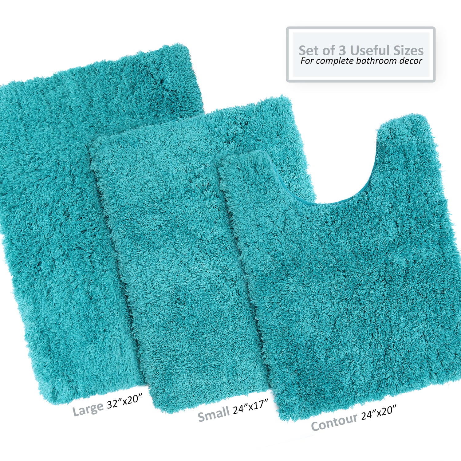 Clara Clark Set of 3 Absorbent Bath Mat Non-Slip Backing Rubber Bathroom Rugs， 17x24， 20x32， 32x48 Teal