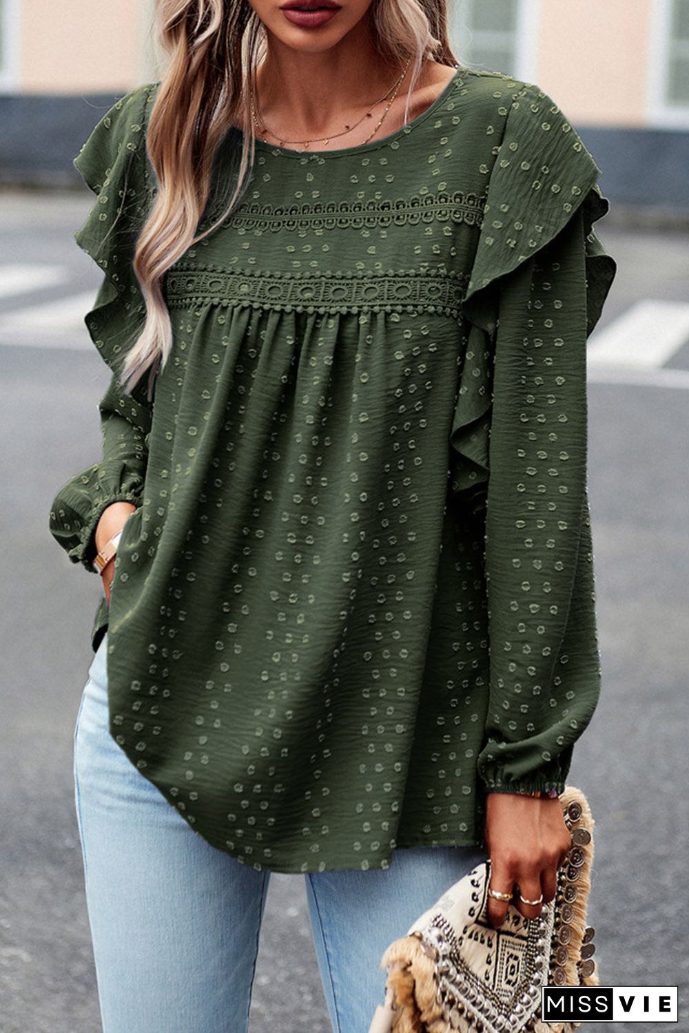 Lace Eyelet Ruffle Shoulder Long Sleeve Blouse