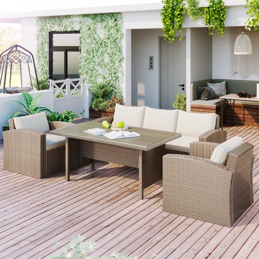 4 Piece Outdoor Patio Furniture Set  PE Rattan Wicker Sofa Set Conversation Set with Soft Seat Cushions and Center Table