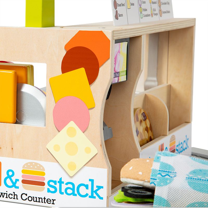 Melissa and Doug Wooden Slice and Stack Sandwich Counter with Deli Slicer-- 56-Piece Pretend Play Food Pieces