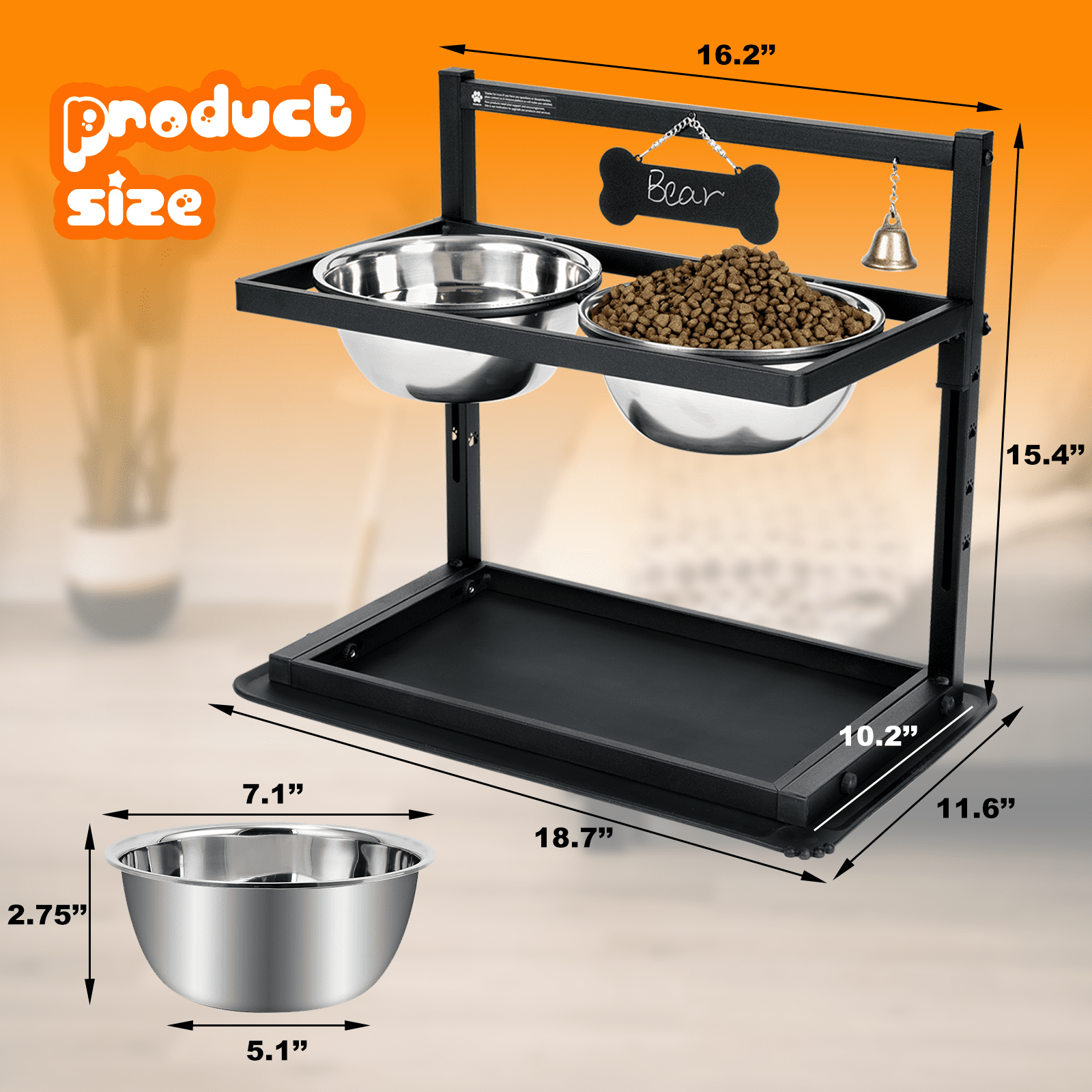 Elevated Dog Bowls,Raised Dog Bowls Stand Adjusable Height with 2 Stainless Steel Dog Food Bowls and Spill Proof Mat, Dog Bowls for Large Medium Dogs and Cats.