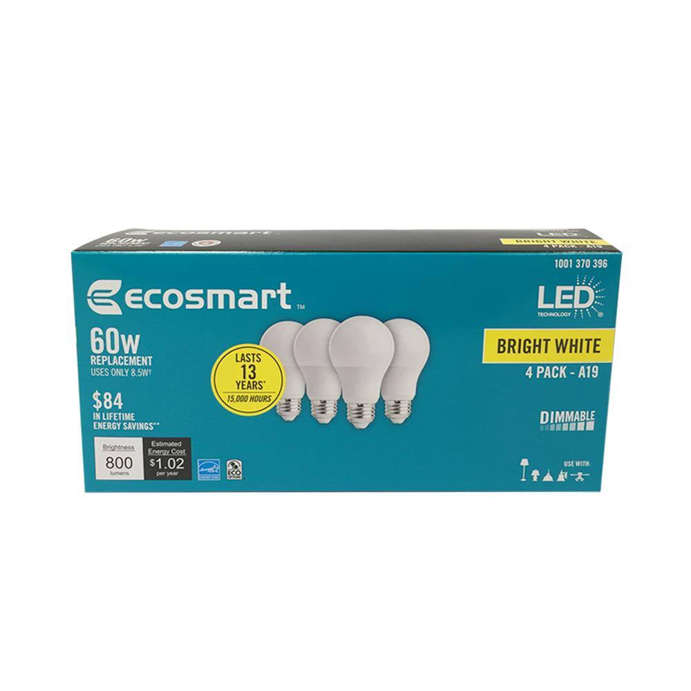 EcoSmart 60-Watt Equivalent A19 Dimmable Energy Star LED Light Bulb Bright White (4-Pack) C5A19A60WESD05