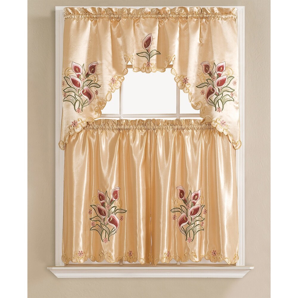 Tulip Satin Embroidered Kitchen Curtain Set  Swag 60x36  Tiers 30x36 Inches