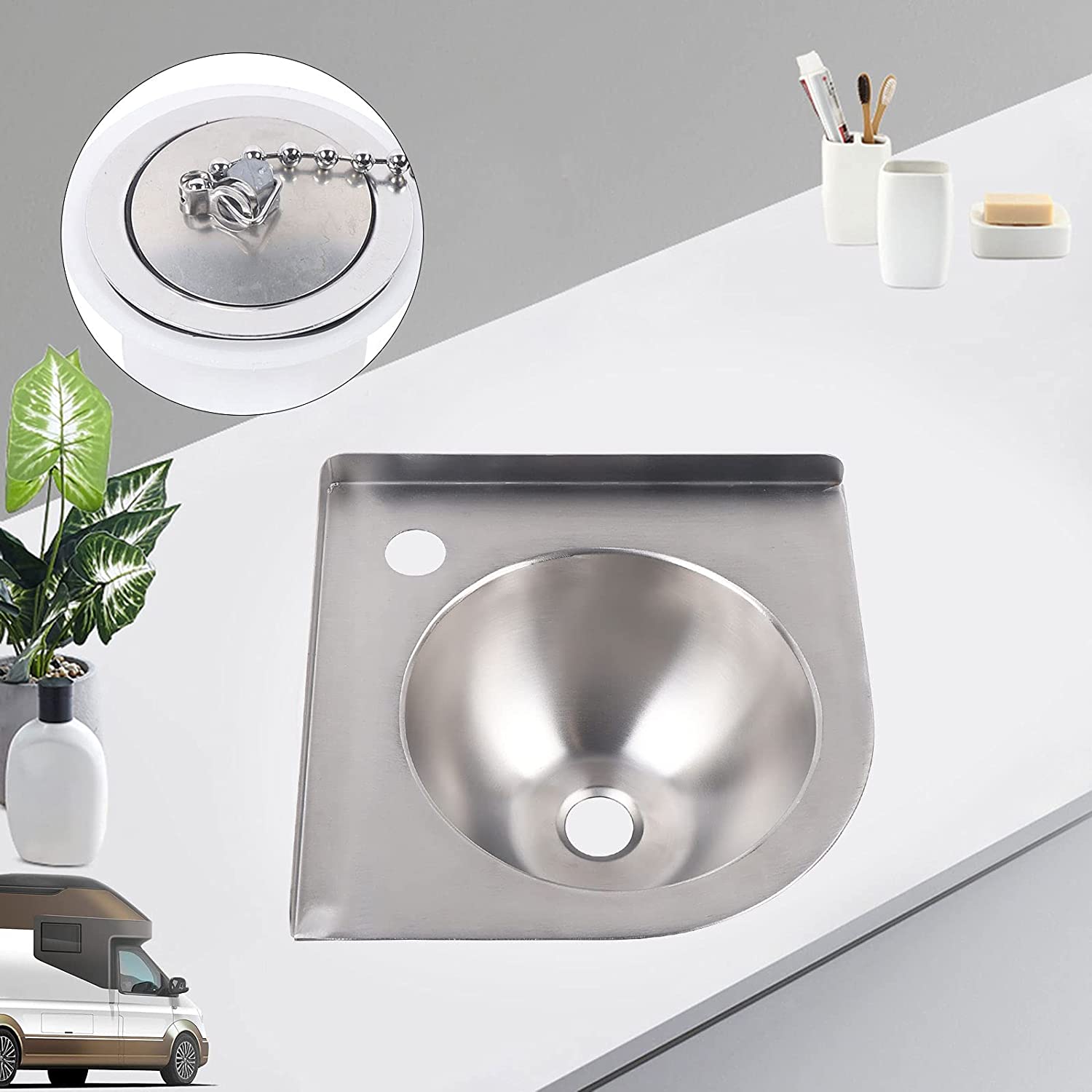 TFCFL RV Hand Washing Sink,Stainless Steel Sink with Drain & Drain,without Faucet GR-596(Silver)