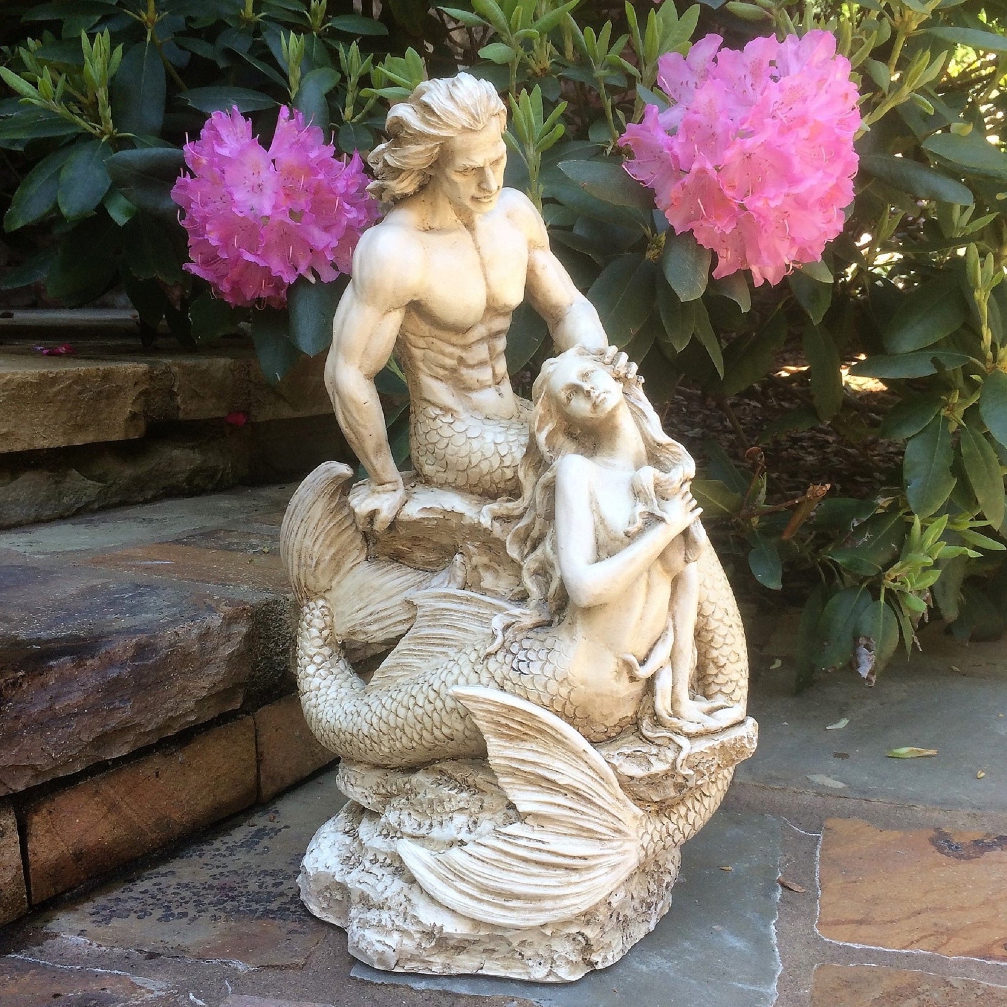 Homestyles 18 in. Sexy Merman & Mermaid on the Oceans Rock in Antique White Finish Nautical Garden Beach Statue