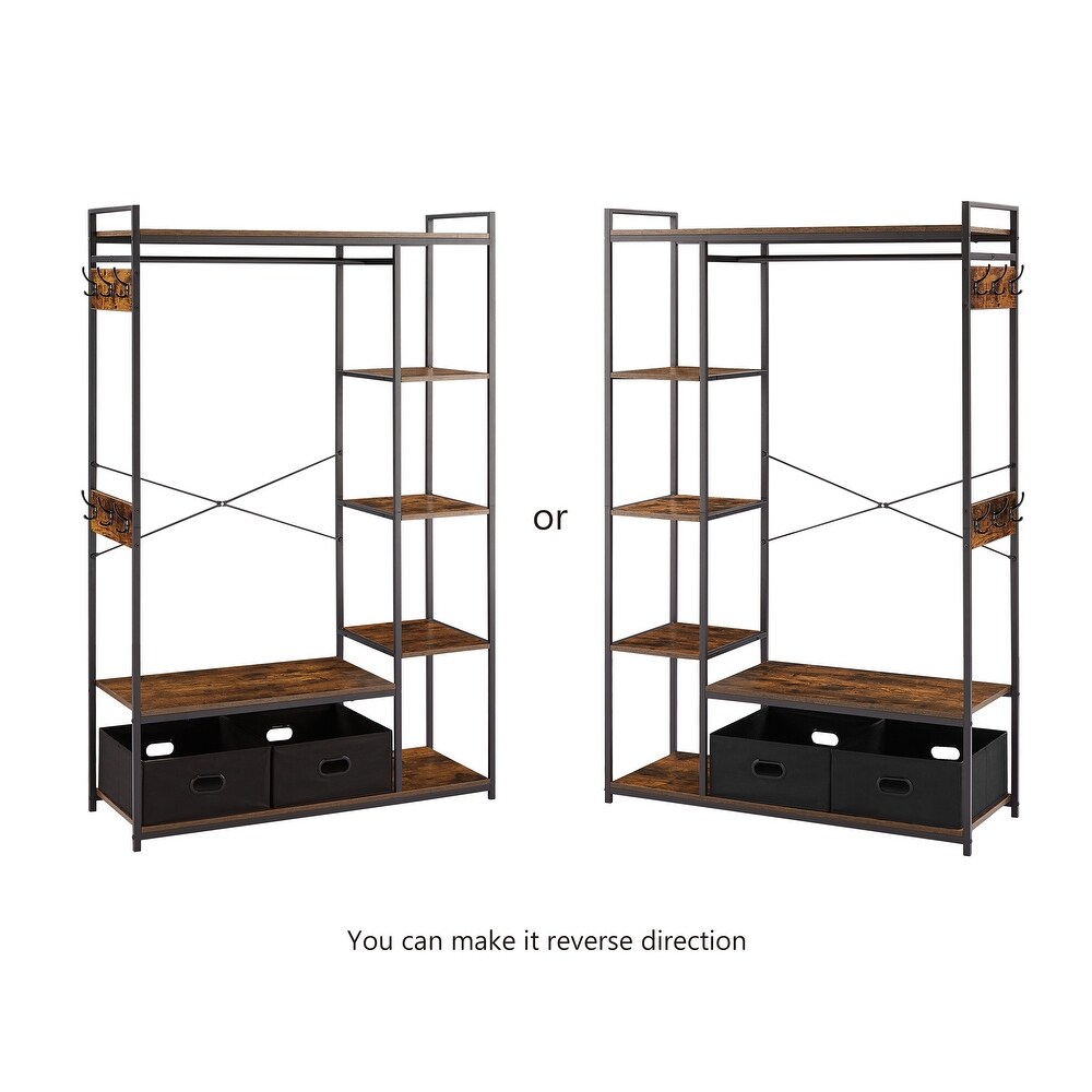 Free Standing Closet Organizer  Portable Garment Rack with Open Shelves and Hanging Rod  Black Metal Frame