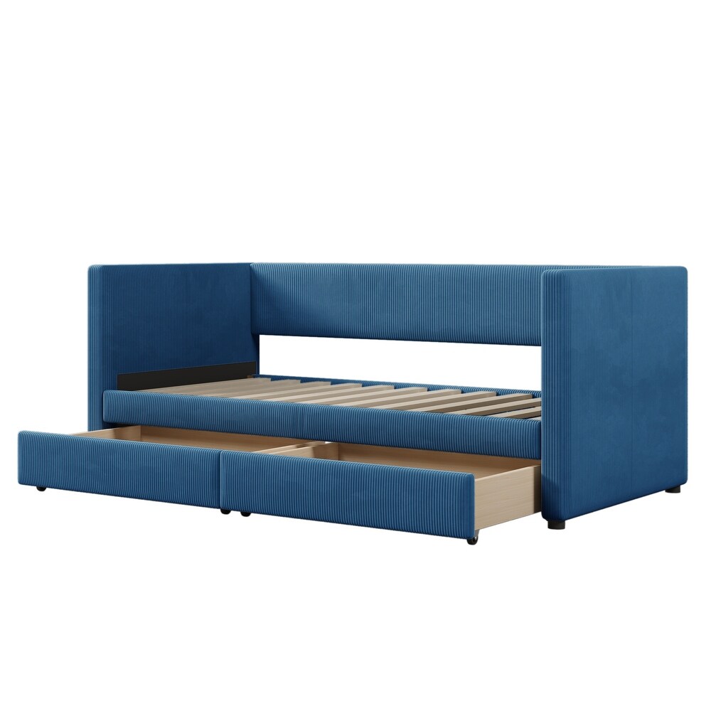 Blue Modern Twin Size Corduroy Daybed with 2 Large Storage Drawers and Solid Wood Slats Support  for Lawn Living Room Mild Rest