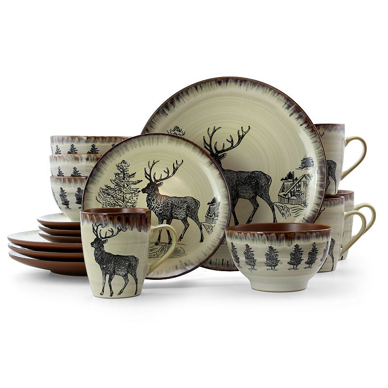 Elama Majestic Elk 16 Piece Luxurious Stoneware Dinnerware with Complete Setting for 4