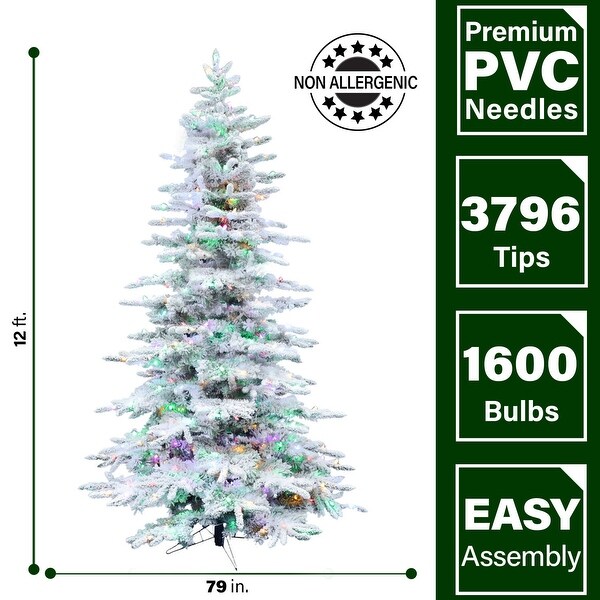 Fraser Hill Farm 12Ft. Flocked Pine Valley Christmas Tree with Music，MultiColor LED String Lighting，and Remote