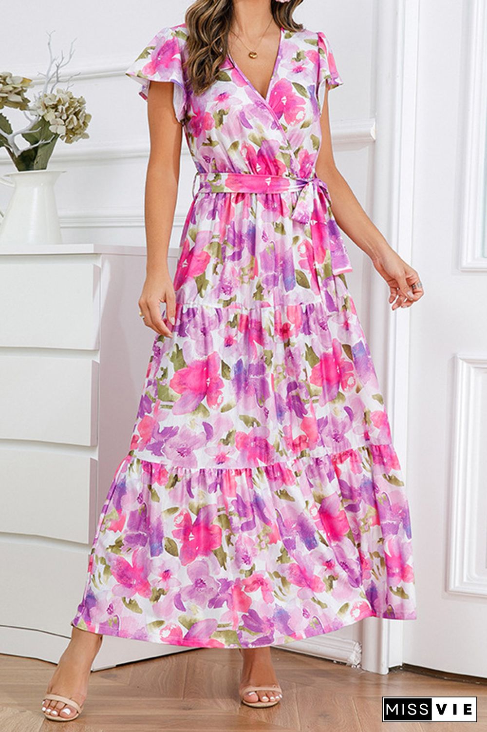 V Neck Flare Sleeves Floral Maxi Dress With Sash