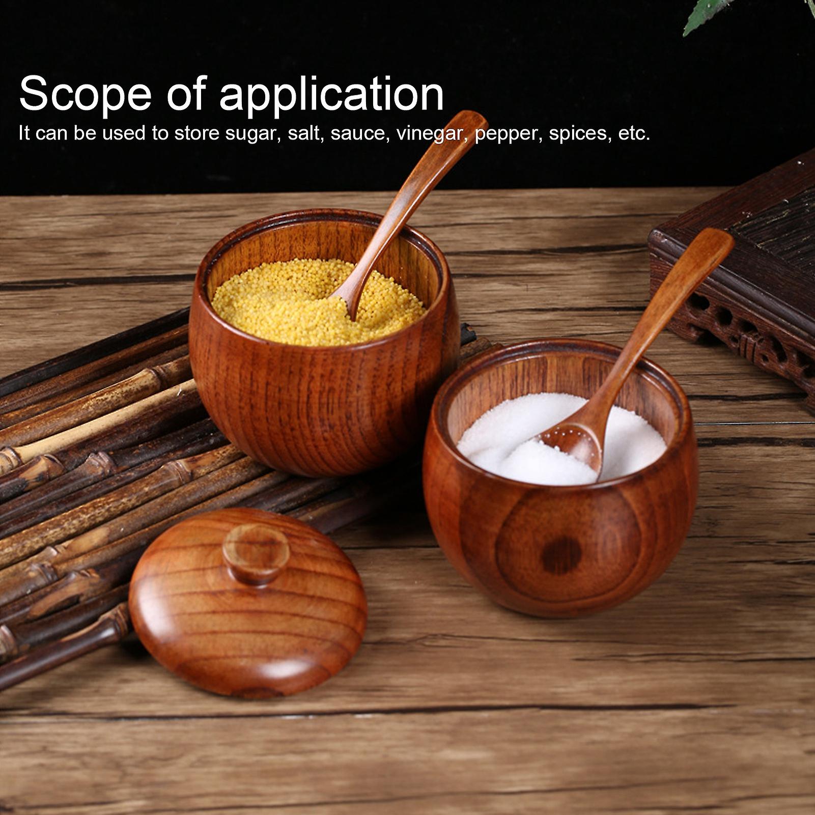 2 Set Condiment Jar With Lids And Spoons， Wooden Salt Sugar Storage Container Spice Pots Kitchen Cooking Supplies For Home Coffee Bar Restaurant_x000d