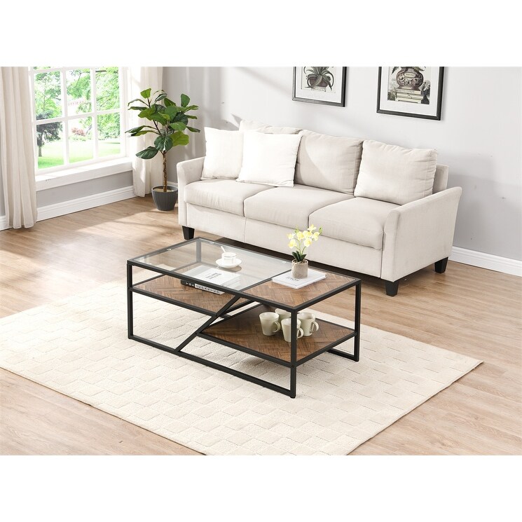 Coffee Table with Storage Shelf Tempered Glass End Table   43.31* 21.56* 17.91 inch