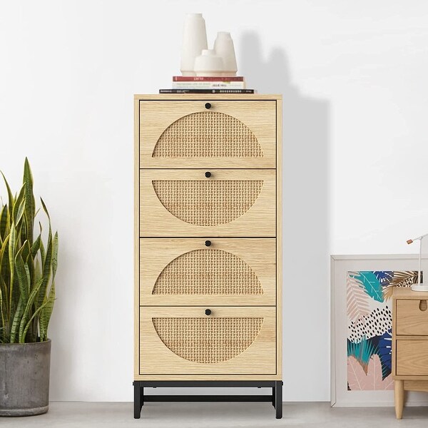 Boho Dresser Tower， Free Standing Storage Cabinet with 4 Rattan Drawers， Hallway Wooden Tall Storage Dressers Drawer Units - - 35711439