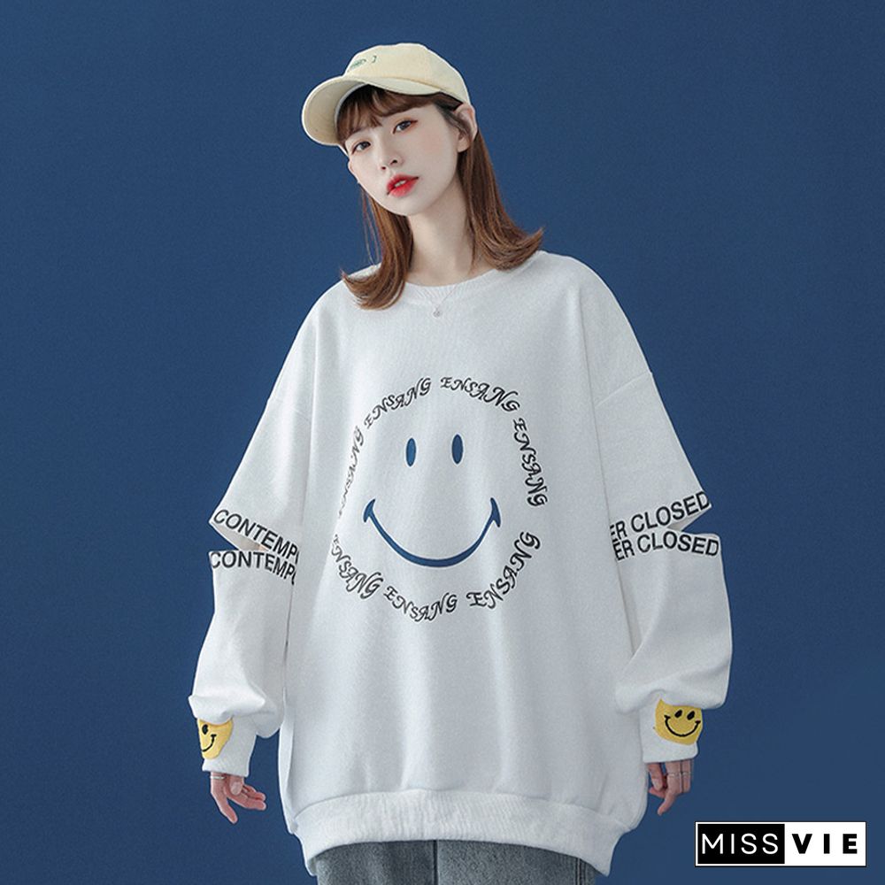 Smiley Letters Print Loose Sweatshirt