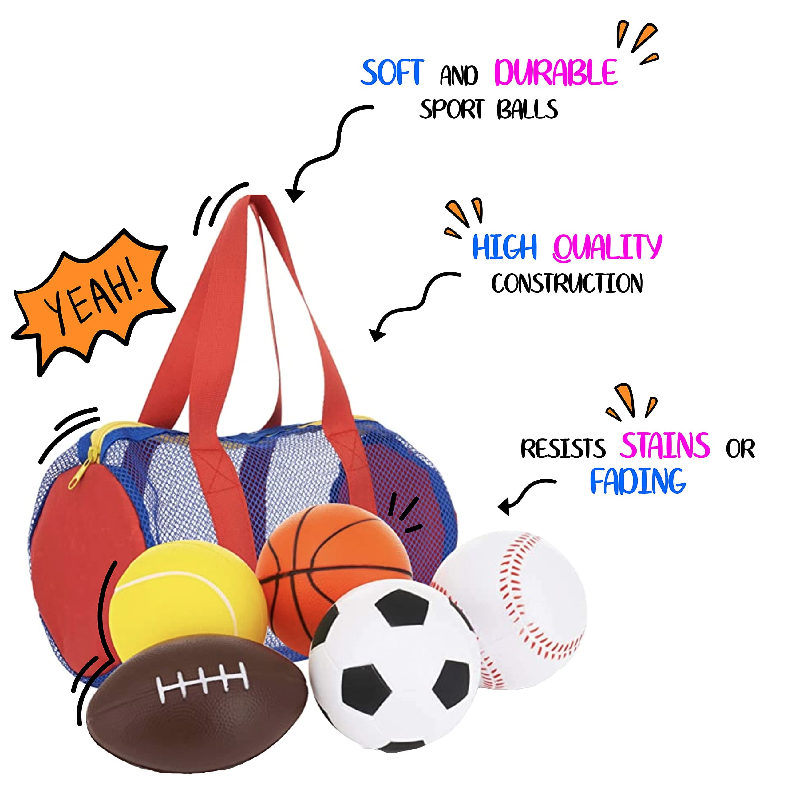 Balls For Kids， Toddler Sports Toys - Set Of 5 Foam Sports Balls + Free Bag - Perfect