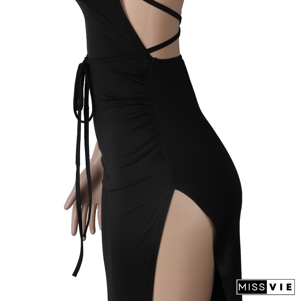 Women Sexy Solid Backless Halter Sling Bandage High Side Slit Slinky Evening Party Long Maxi Dress