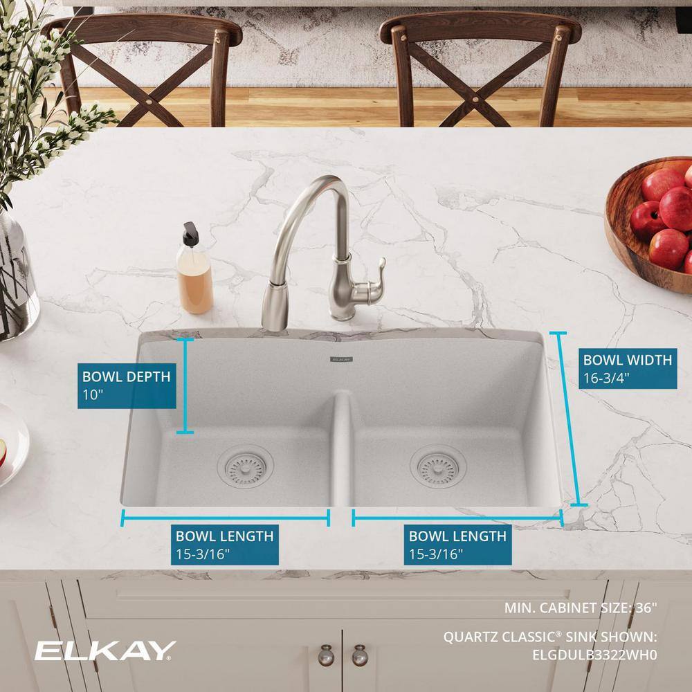 Elkay Quartz Classic White Quartz 33 in. Equal Double Bowl Undermount Kitchen Sink with Aqua Divide ELGDULB3322WH0