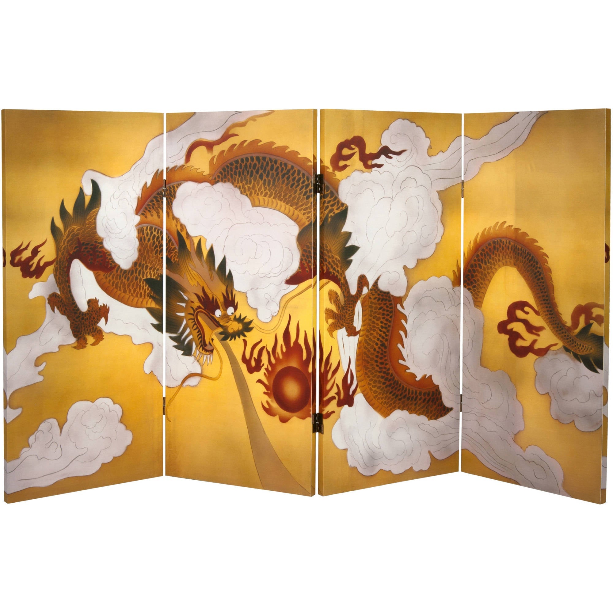 Oriental Furniture 3 Ft Tall Double Sided "Dragon in the Sky" Canvas Room Divider, 4 panel, printed on canvas, wood, traditional