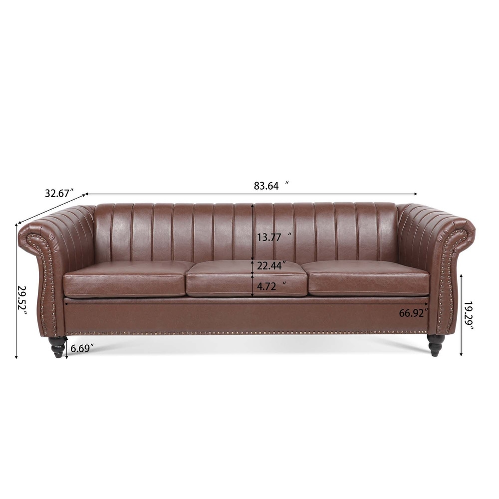 Modern PU Rolled Arm Chesterfield Three Seater Sofa