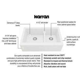 Karran QA-760 QuartzGranite 34 in. Double Bowl 6040 FarmhouseApron Front Kitchen Sink in White with Grid and Strainer QA-760-WH-PK1