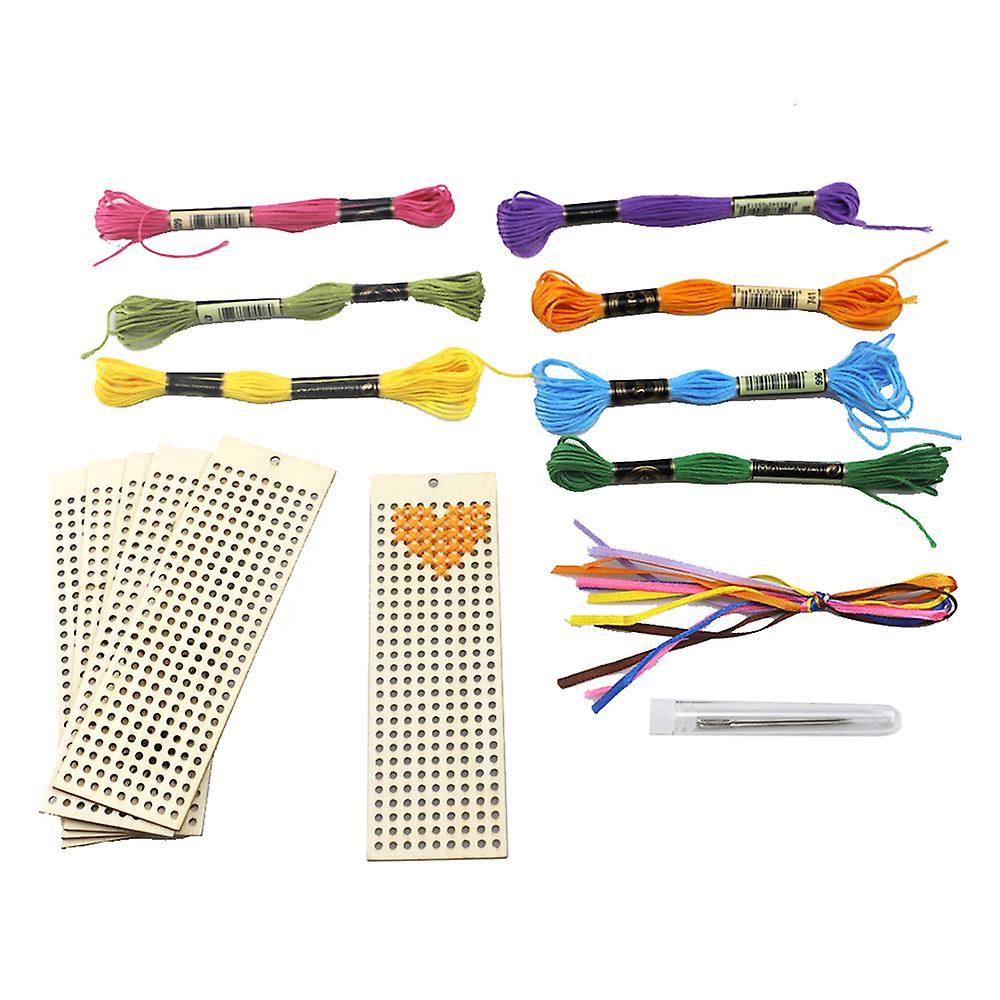 1 Kit 6pcs Wooden Bookmark With Colour Embroidery Threads Diy Craft Kit Home Decor Cross-stitch Keyring