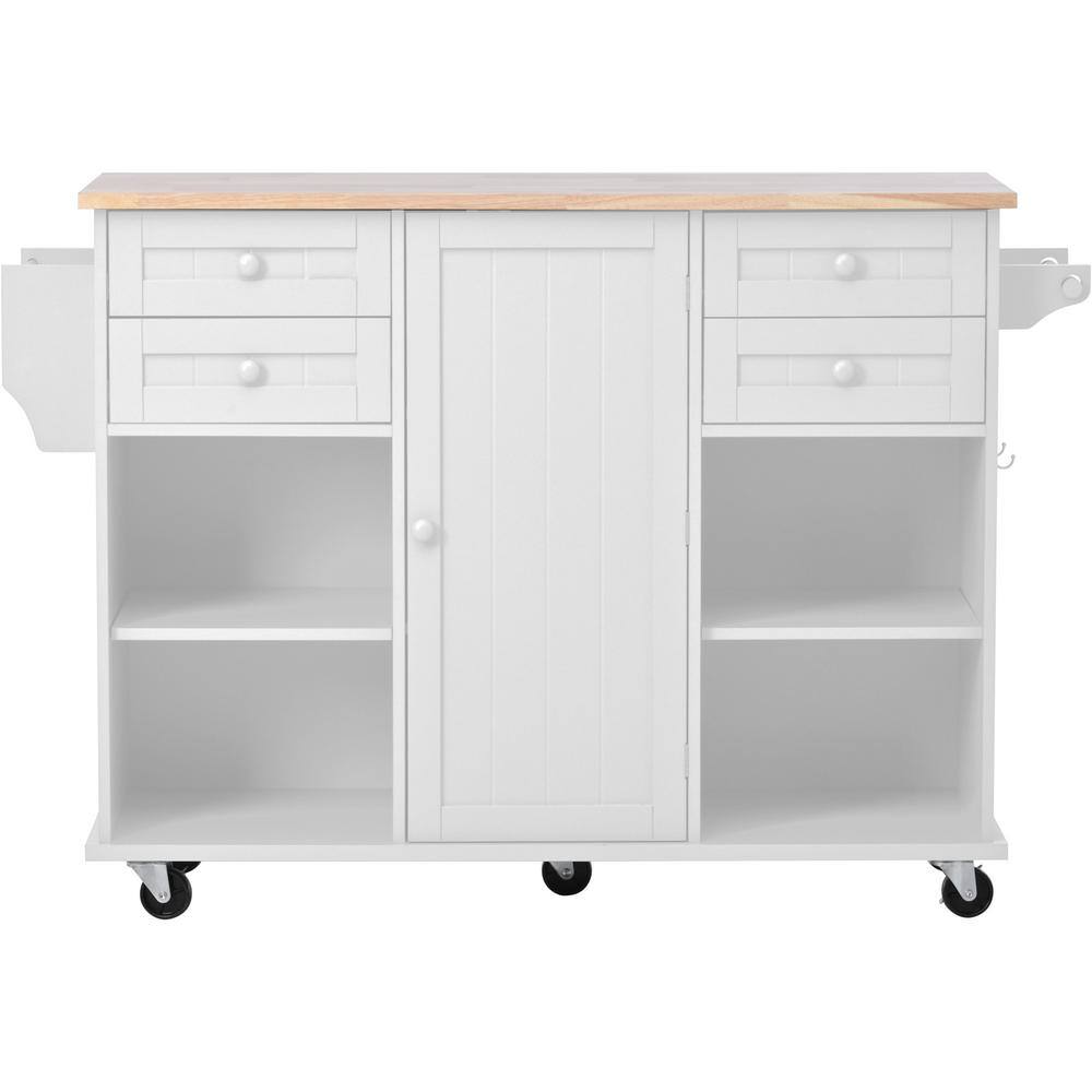 Tileon White MDF Kitchen Island with Rubber Wood Top Drawers Adjust Shelves Spice Rack and Hooks AYBSZHD2200