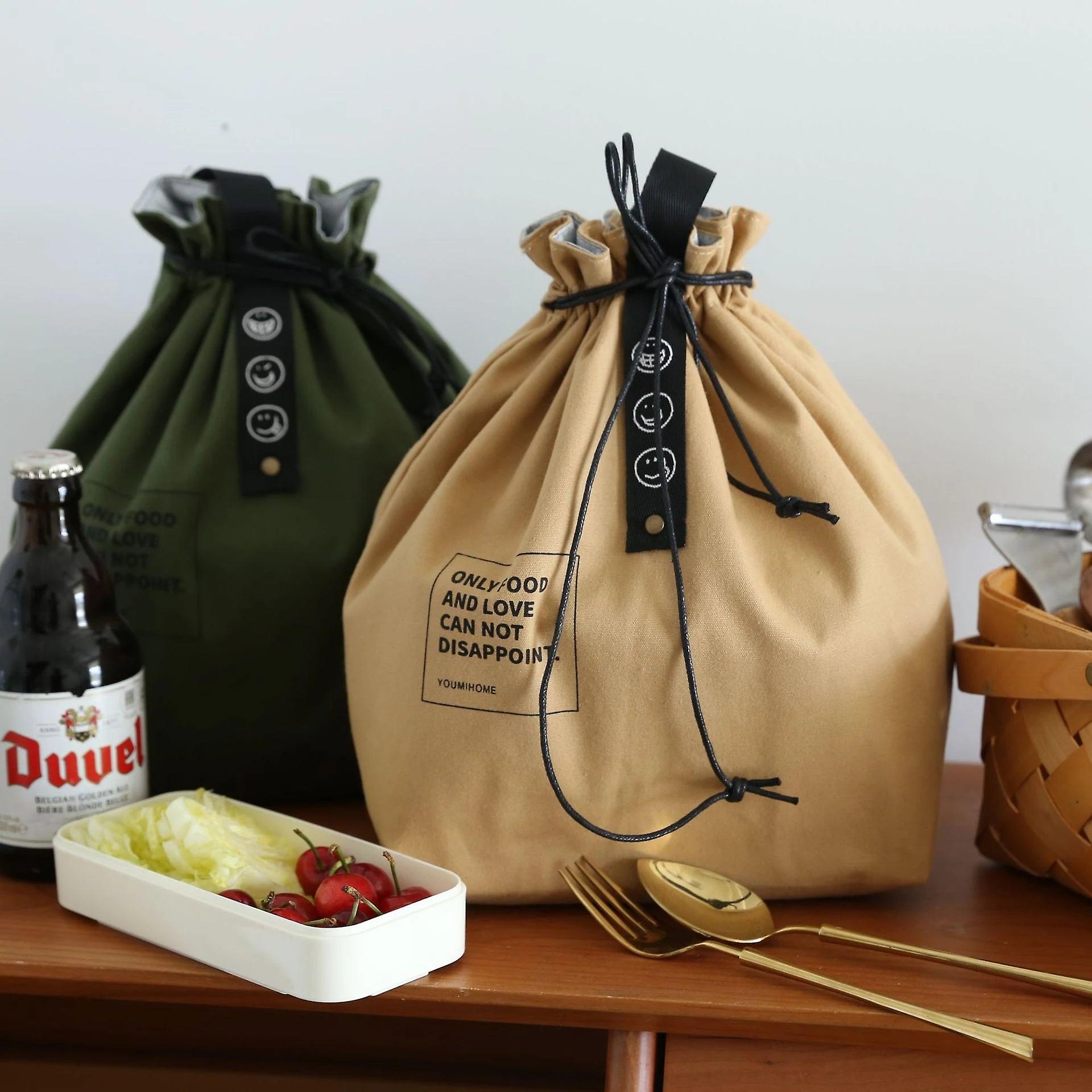 Insulated Bento Bag Wide Opening Canvas Drawstring Lunch Box Storage Bag School Handbag For Picnic Camping