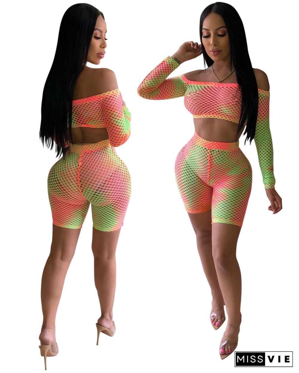 Sexy Colorful Tie Dye Print Fishing Net Off Shoulder Long Sleeve Crop Top Bodycon Shorts Two Piece Set